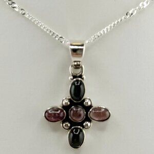 Sterling Silver necklace, cross pendant with natural Tourmalines, NWOT